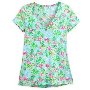 Lilly Pulitzer DISNEY Parks XXL Etta V-Neck Tee Mickey Minnie Castle Floral Blue